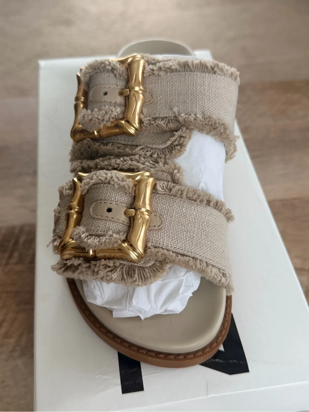 SCHUTZ Beige Canvas Double-Buckle Slide Sandal with Gold Buckles